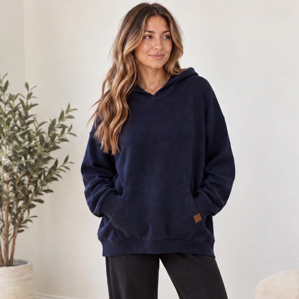Comfrt Knit Hoodie Women Size Large Oversized Navy Blue Pullover Lounge Sweater